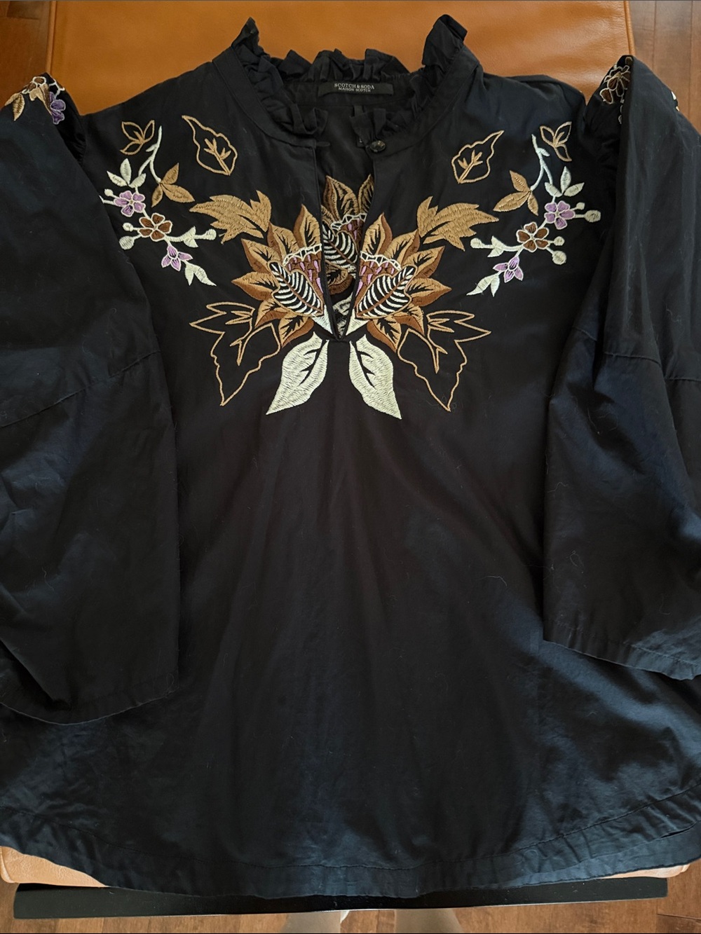 Scotch & Soda Black boho Blouse with Gold and Cream Embroidered Leaves